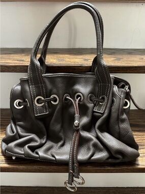 Italian Leather Drawstring Tote Bag Brown Vera Pelle Firenze Made in Italy